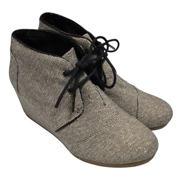 Toms Ankle Boots Womens 8.5 Black Ivory Gold Desert Sparkle Lace Up Wedge Shoes - Picture 1 of 8
